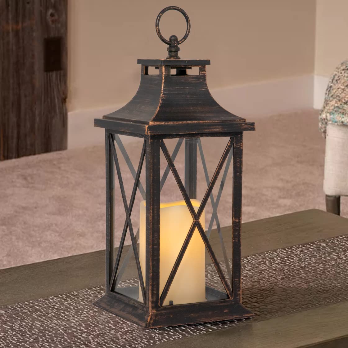 YAKii 14" Decorative Candle Lantern LED Flameless Candle Timer, Plastic LED Candle & Holder, Indoor & Outdoor Hanging Lights,Christmas Day Decoration (Antique Copper Brushed 2 PCS)