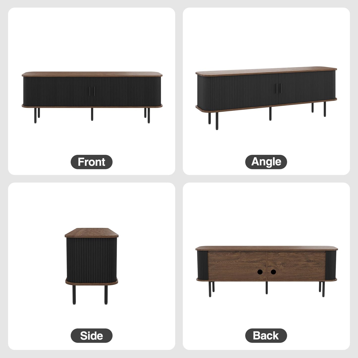 63" Modern Fluted TV Stand for TVs up to 75 Inch , Gaming Entertainment Center with Tambour Slatted Sliding Doors and Storage Cabinet, Media TV Consoles Table for Living Room, Office, Black