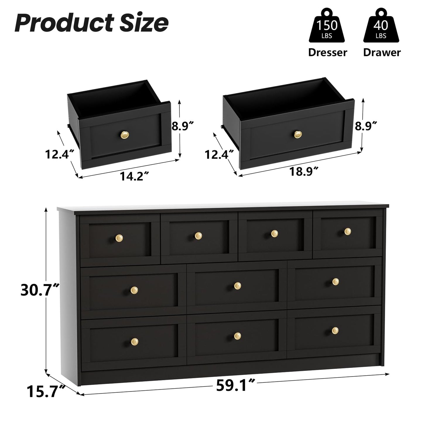 59.1" Wide Dressers & Chests of Drawers with Large Capacity Storage, Large Wooden Storage Organizer 10 Drawer Dresser for Bedroom（Black）