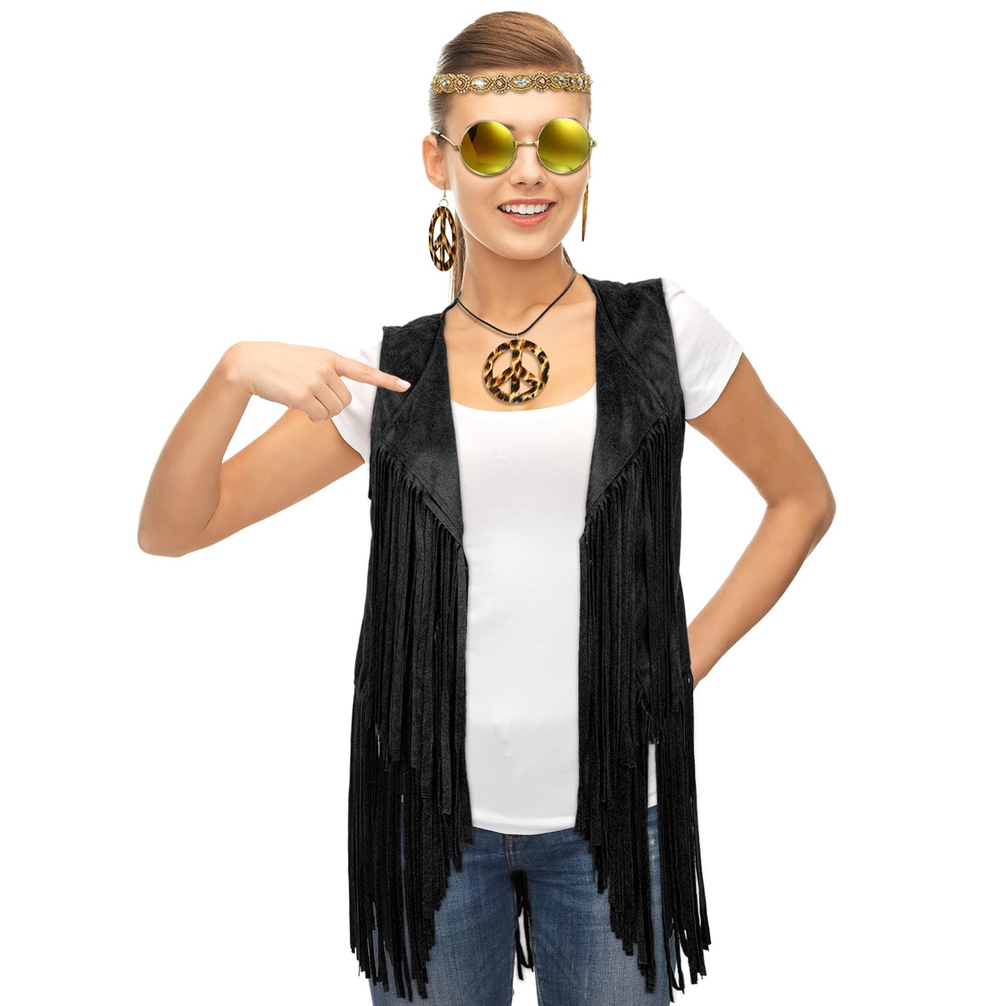 6 Pcs 60s 70s Outfits for Women Hippie Costume Set Peace Sign Earring Headband Fringe Vest Tassel Cardigan (Black,X-Large)