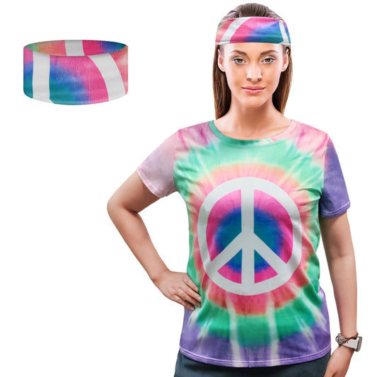 XonyiCos Hippie Costume for Women 60s and 70s colorful T-shirt and headband 2-piece theme party (Peace White Green Blue, X-Large)
