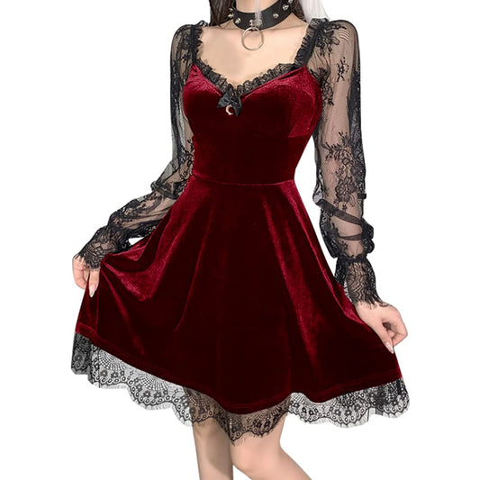 Women Gothic Lolita Dress Black Vintage Grunge Lace Velvet Cocktail Party Swing Dress Mesh Long Sleeve Steampunk Punk Mall Goth Dress Patchwork Sexy Romantic Aesthetic Alt Harajuku Dress Burgundy L