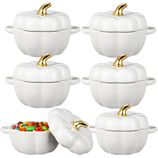 Yaomiao 6 Pcs Pumpkin Ceramic Bowl 15 oz Pumpkin Soup Bowl Pumpkin Shape Storage Jar with Lid and Handles for Home Halloween Party Kitchen Tableware(White)