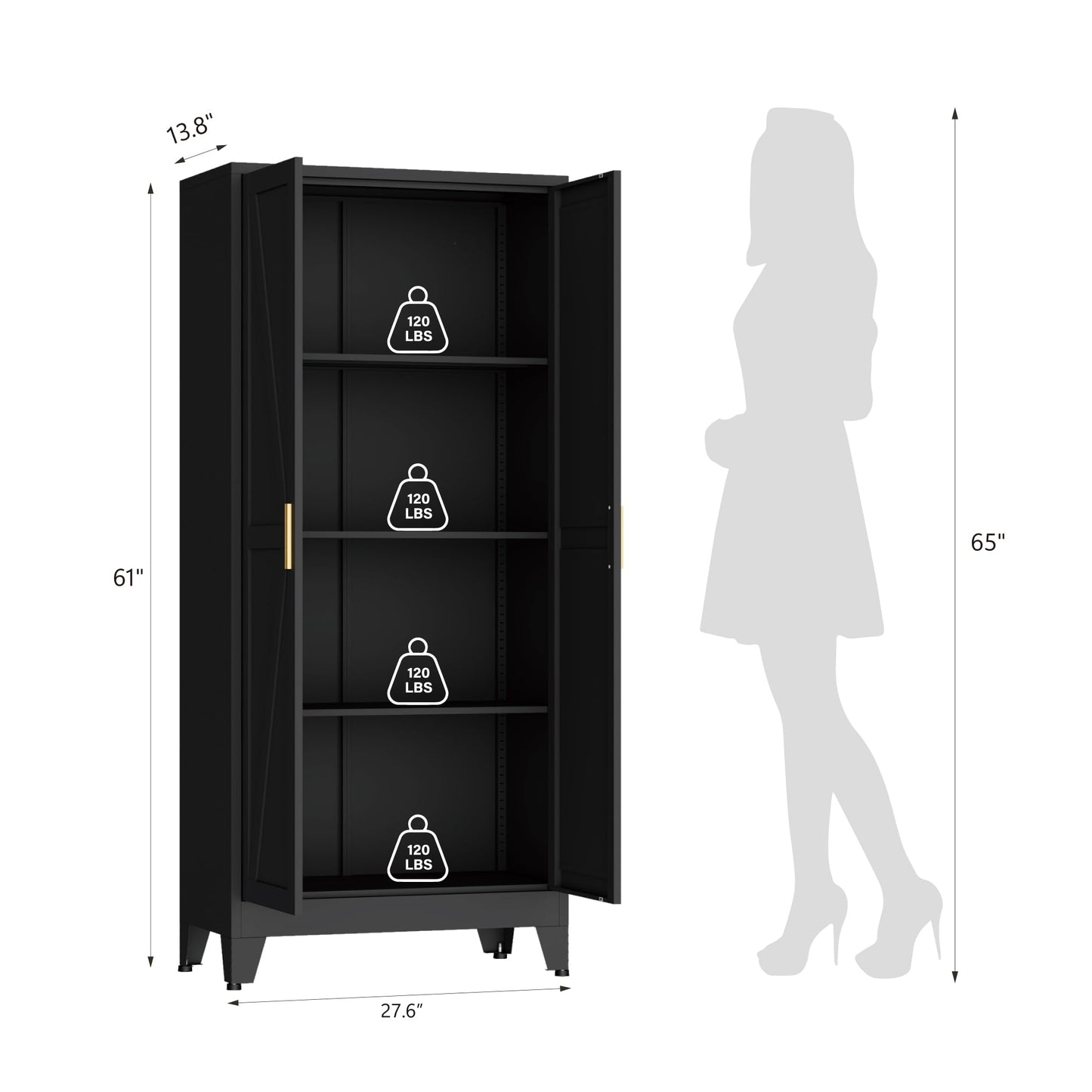 61" Kitchen Pantry Cabinet, Farmhouse Metal Storage Cabinet with 2 Doors and 3 Adjustable Shelves, Metal Pantry Closet Cabinets for Kitchen Bathroom, Home Office, Living Room