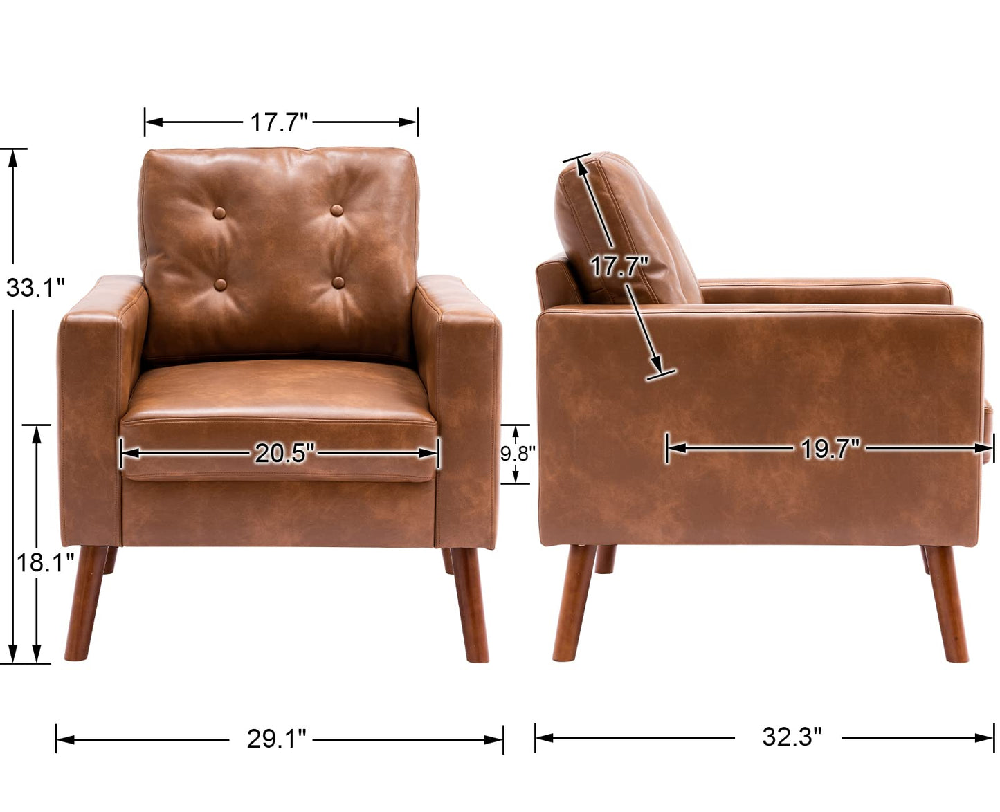 Wahson Accent Chairs Set of 2, Faux Leather Tufted Single Sofa, Brown Oversized Club Chair, Mid Century Modern Armchair with Wood Legs for Reading/Living Room/Bedroom