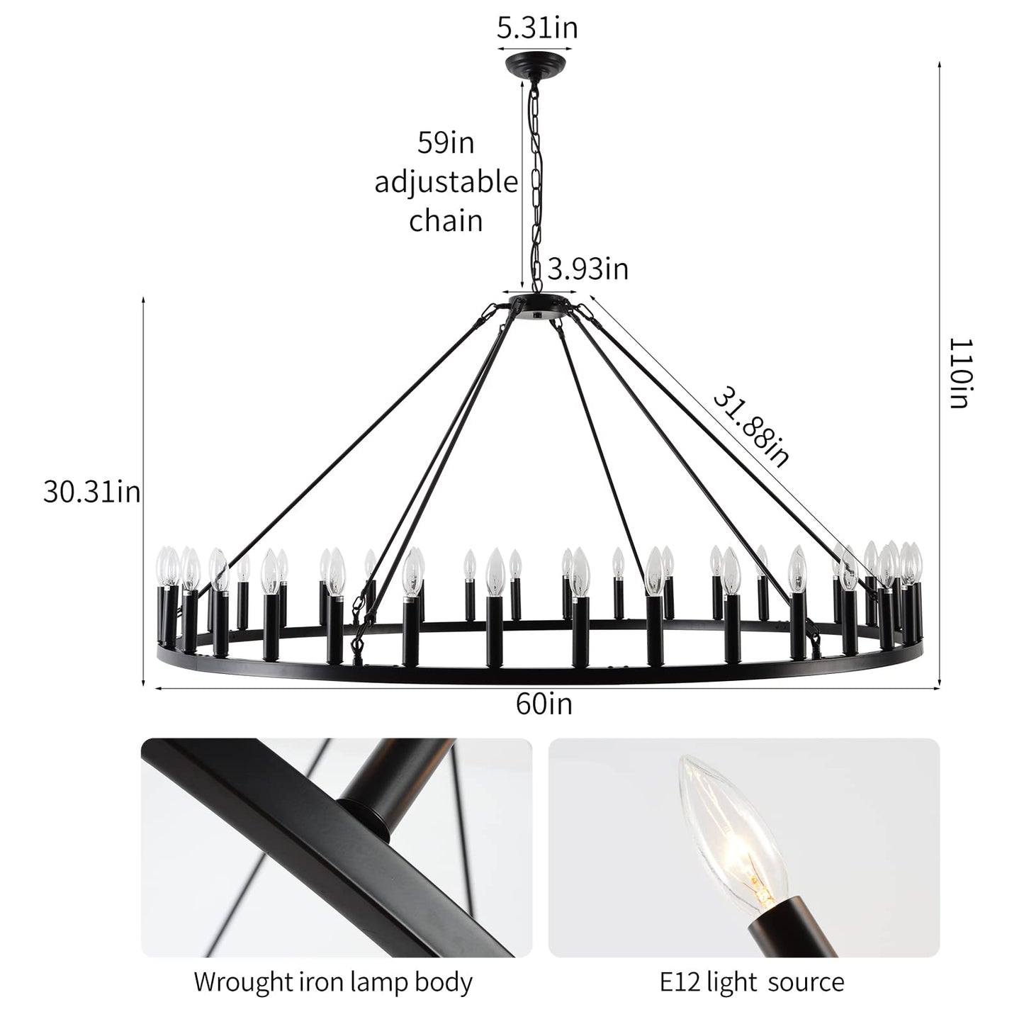Wagon Wheel Chandelier 36-Light 60-Inch, Farmhouse Industrial Style Chandelier Rustic Candle Pendant Lighting Extra Large for High Ceilings, Living Room Foyer -WOGON WEEL