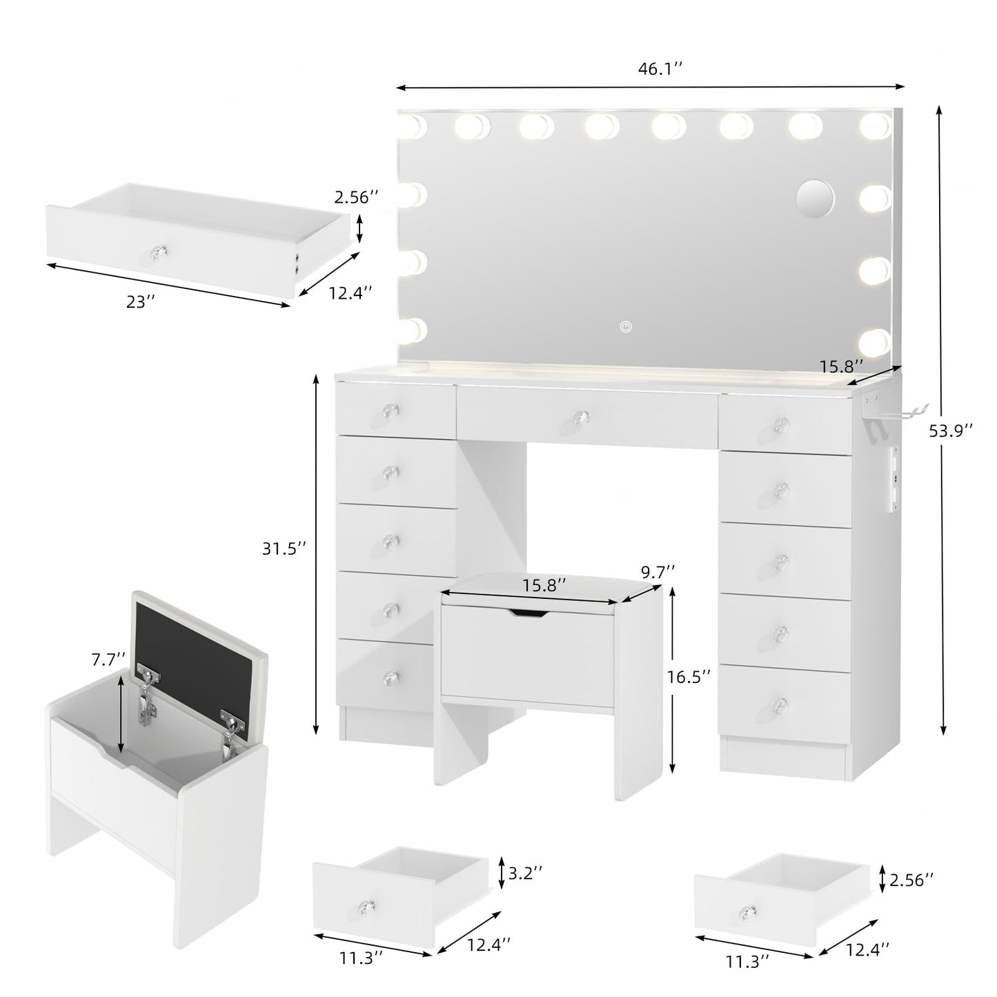 VOWNER Vanity with Lighted Mirror - Glass Top Makeup Vanity Desk with Lights and 11 Drawers, 3 Color Lighting Modes Adjustable Brightness, 46" Makeup Desk with Soft Cushioned Stool for Bedroom, White
