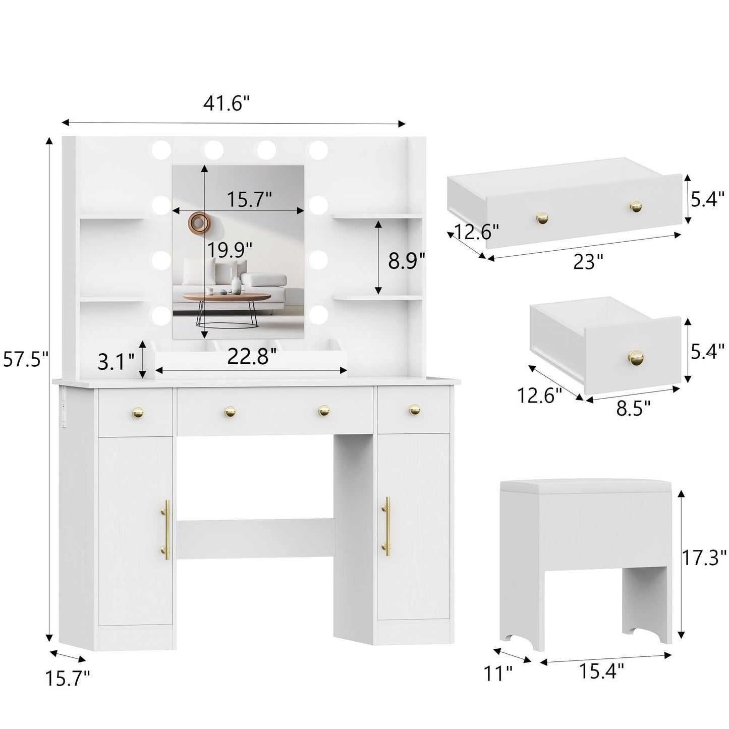 Wodeer Makeup Vanity Desk with Mirror and Lights, 43" White Vanity Set with Chair, 3 Drawers, Power Outlet & Adjustable RGB LED Lights, Dressing Table with Storage Shelf for Women & Girls Bedroom