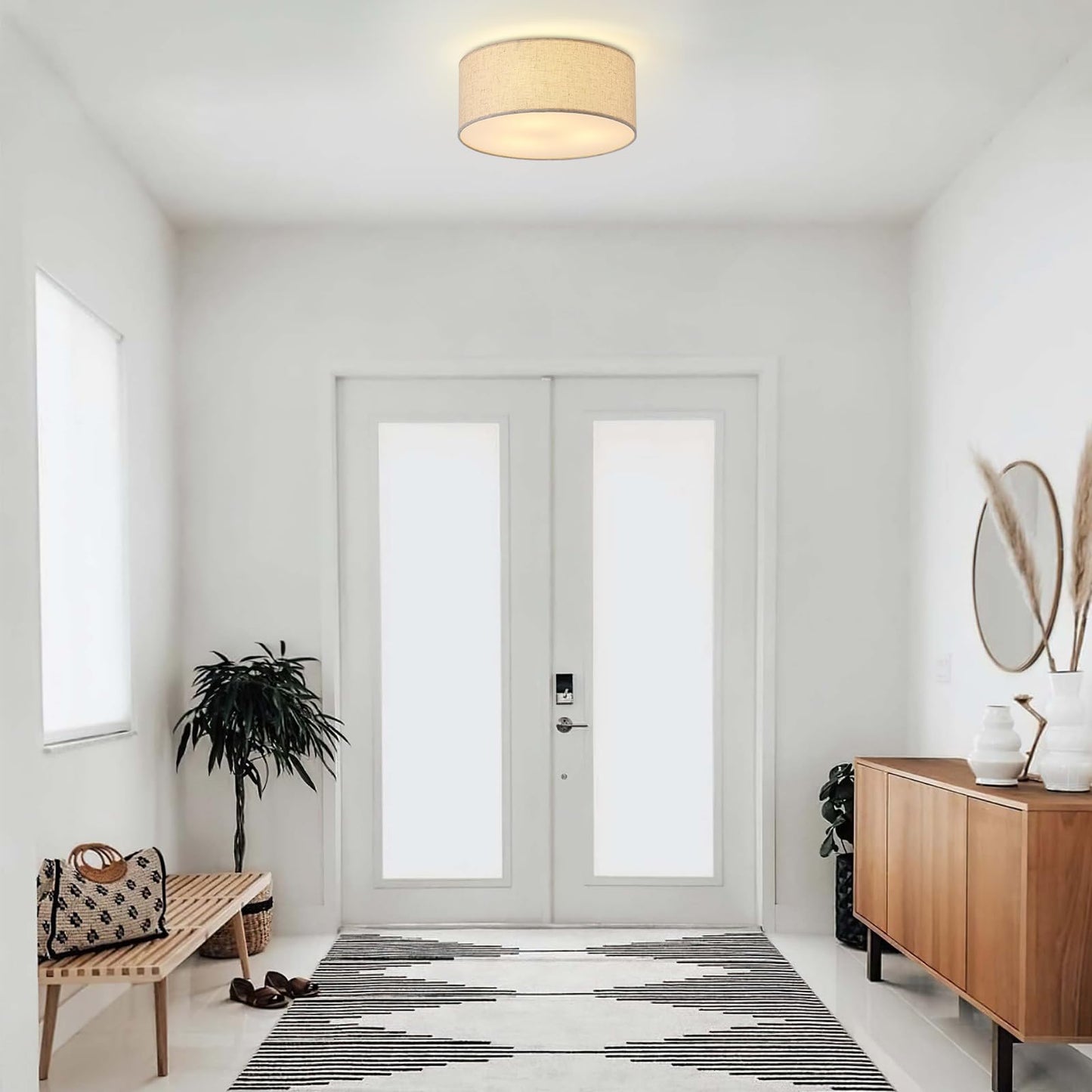 12.6" Modern Close to Ceiling Light with Linen Fabric Drum Shade,3-Light Semi Flush Mount Ceiling Light Fixture,Drum Light Fixtures Ceiling Mount for Kitchen, Bedroom, Bathroom, Living Room, Hallway