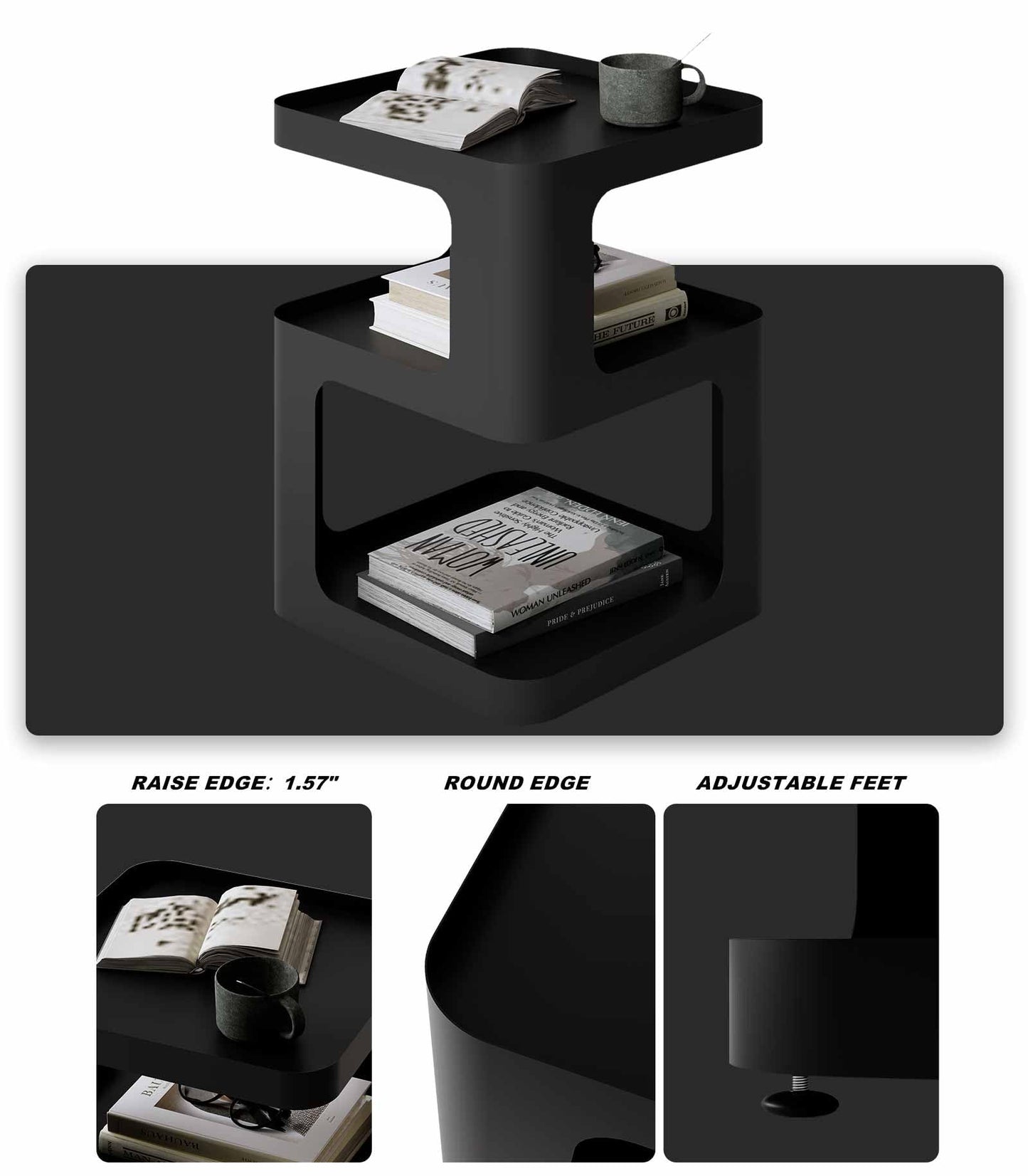 XIV Side Table, Small End Table, Modern Nightstand, Accent Bedside Table, 3 Tier Night Stands, Metal Bed Side Table for Living Room Bedroom Outdoor Entryway, No Assembly Required (Black, Square)