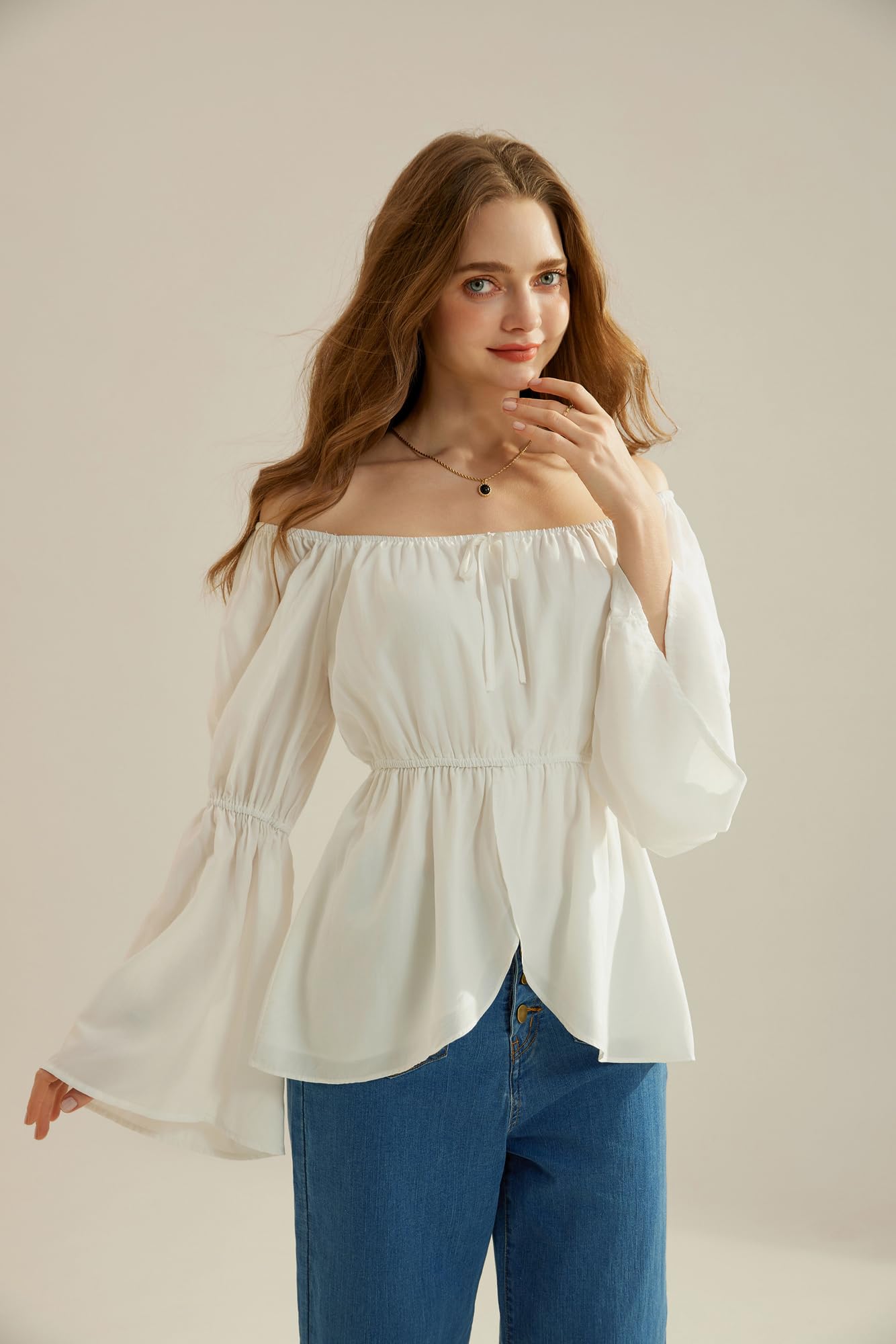Womens 2025 Renaissance Shirt Casual Long Bell Sleeve Tops Shirt Pirate Boho Blouse White M