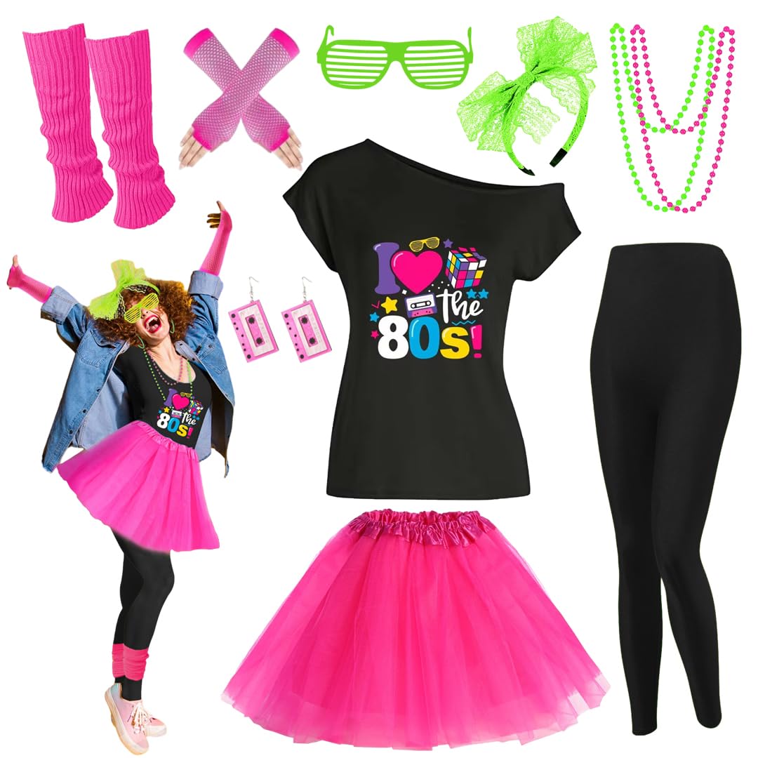 Xintorch 80s Outfit Women Costume Accessories Set T Shirt Leggings Tutu Skirt Neno Party Leg Warmers Headband