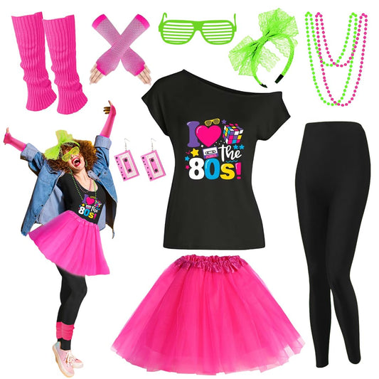 Xintorch 80s Outfit Women Costume Accessories Set T Shirt Leggings Tutu Skirt Neno Party Leg Warmers Headband