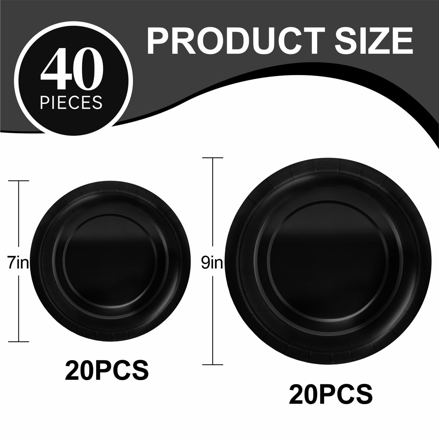 40Pcs Disposable Paper Plates Black,Including 20pcs 9" and 20pcs 7" Plates,Strong and Sturdy Disposable Plates for Party, Dinner, Holiday, Picnic,Birthday Party, Dinner Table, Wedding