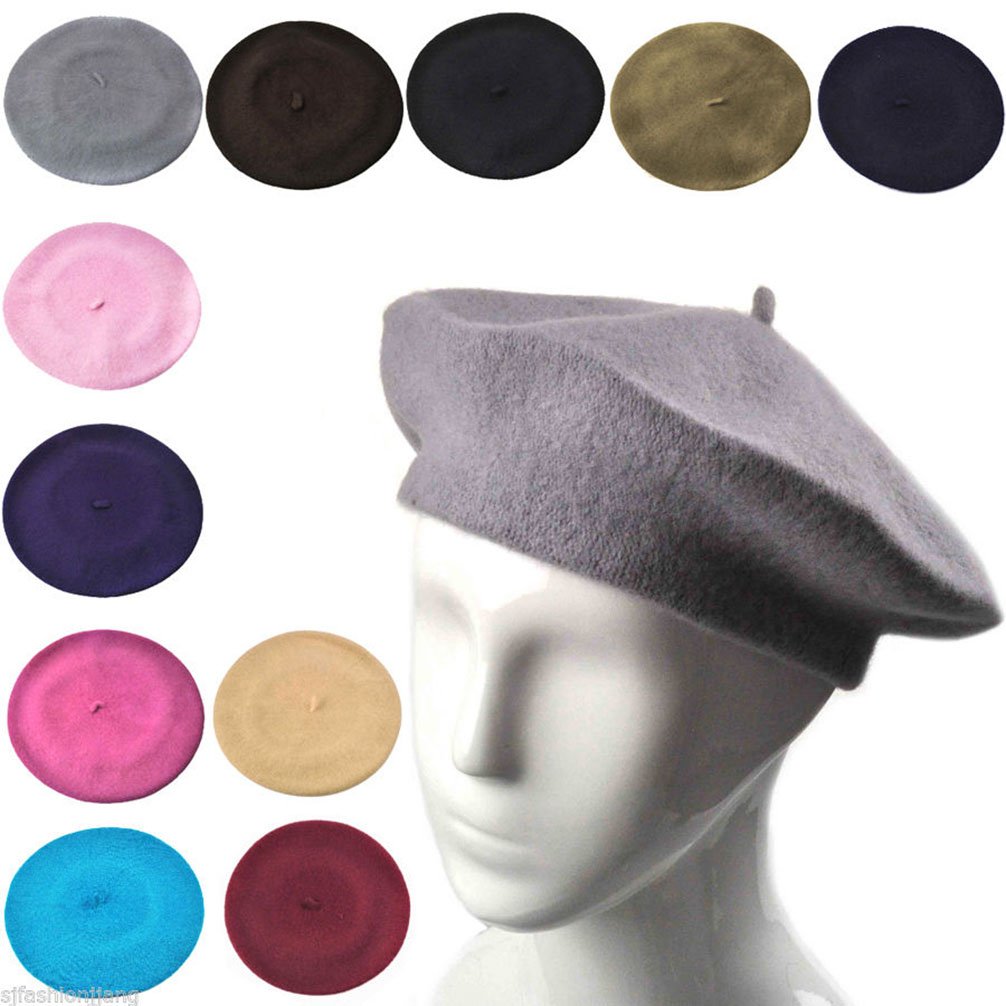 Women French Wool Beret Hats - Solid Color Classic Beanie Winter Cap(Red)