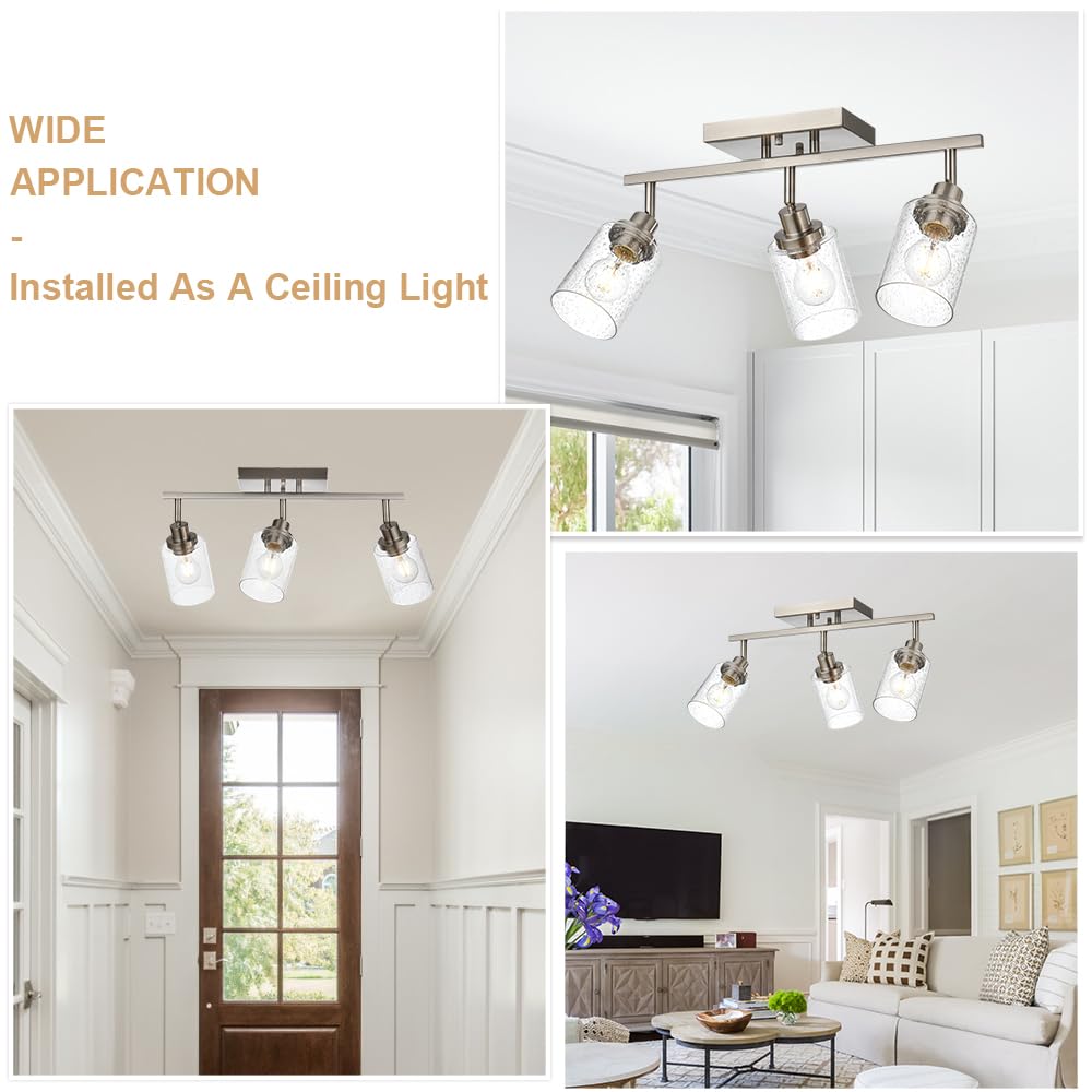 WINSHEN 3-Light Rotatable Track Lighting Kit, Brushed Nickel Semi Flush Mount Ceiling Light Vanity Lighting Fixtures Spotlight, Seeded Glass Shades