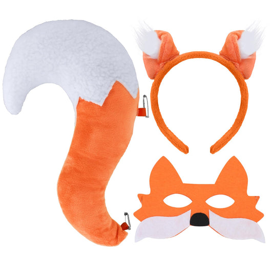 XEPST Animal Fox Costume Set, Fox Ears and Tail Set with Headband Tail and Mask for Animal Costume Cosplay World Book Day Birthday Party Accessories Halloween Costume Fancy Dress Party Supplies