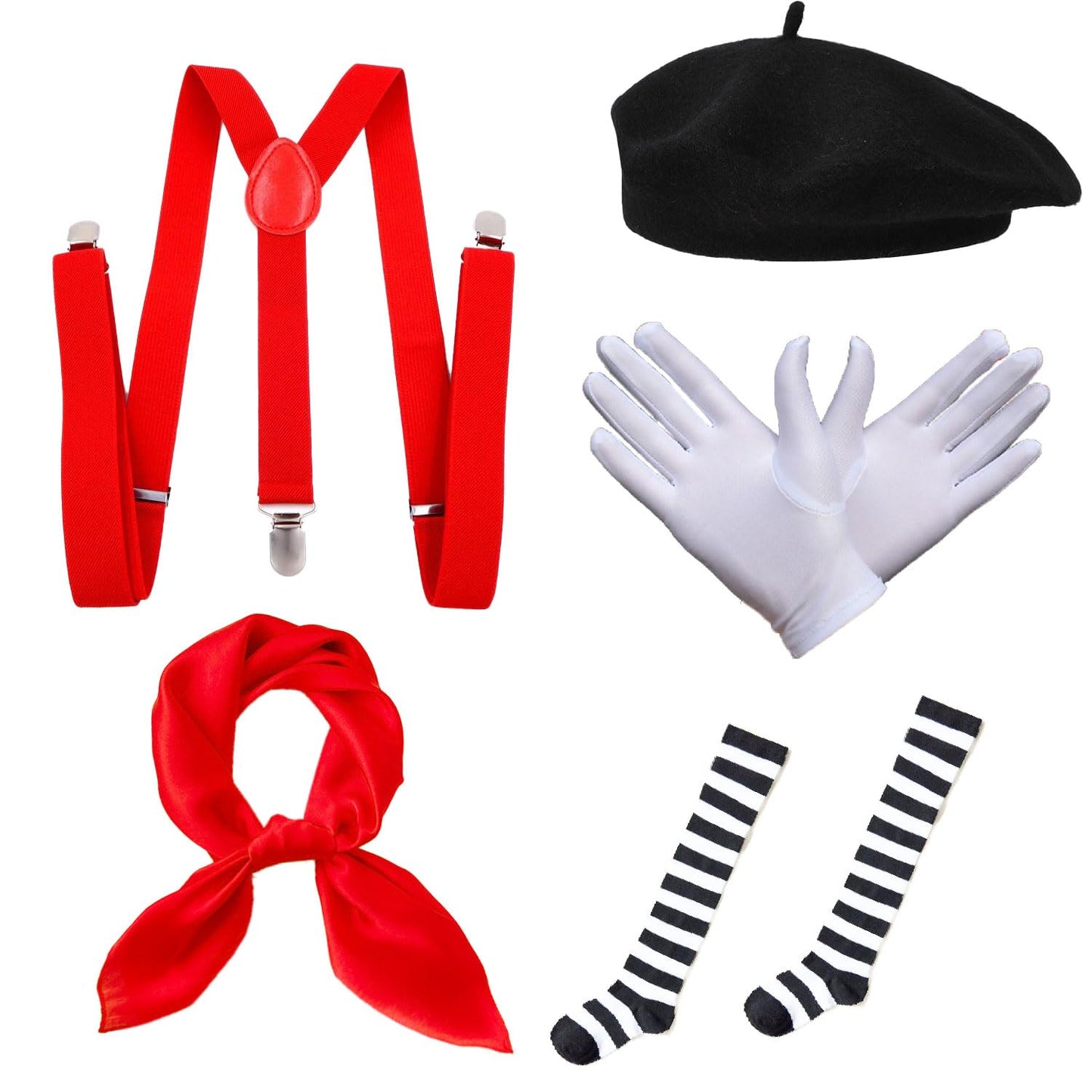 5 Pcs Mime Artist Costume Accessories Set Women French Mime Cosplay Outfit Includes Black Beret Red Suspender Scarf White Gloves and Black White Stripe Socks for Halloween Theme Party Dress up Decor