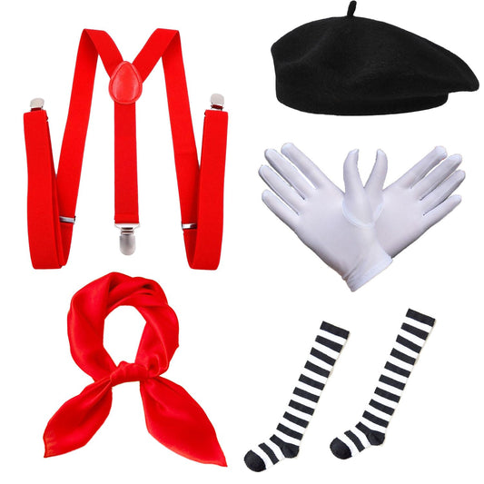 5 Pcs Mime Artist Costume Accessories Set Women French Mime Cosplay Outfit Includes Black Beret Red Suspender Scarf White Gloves and Black White Stripe Socks for Halloween Theme Party Dress up Decor