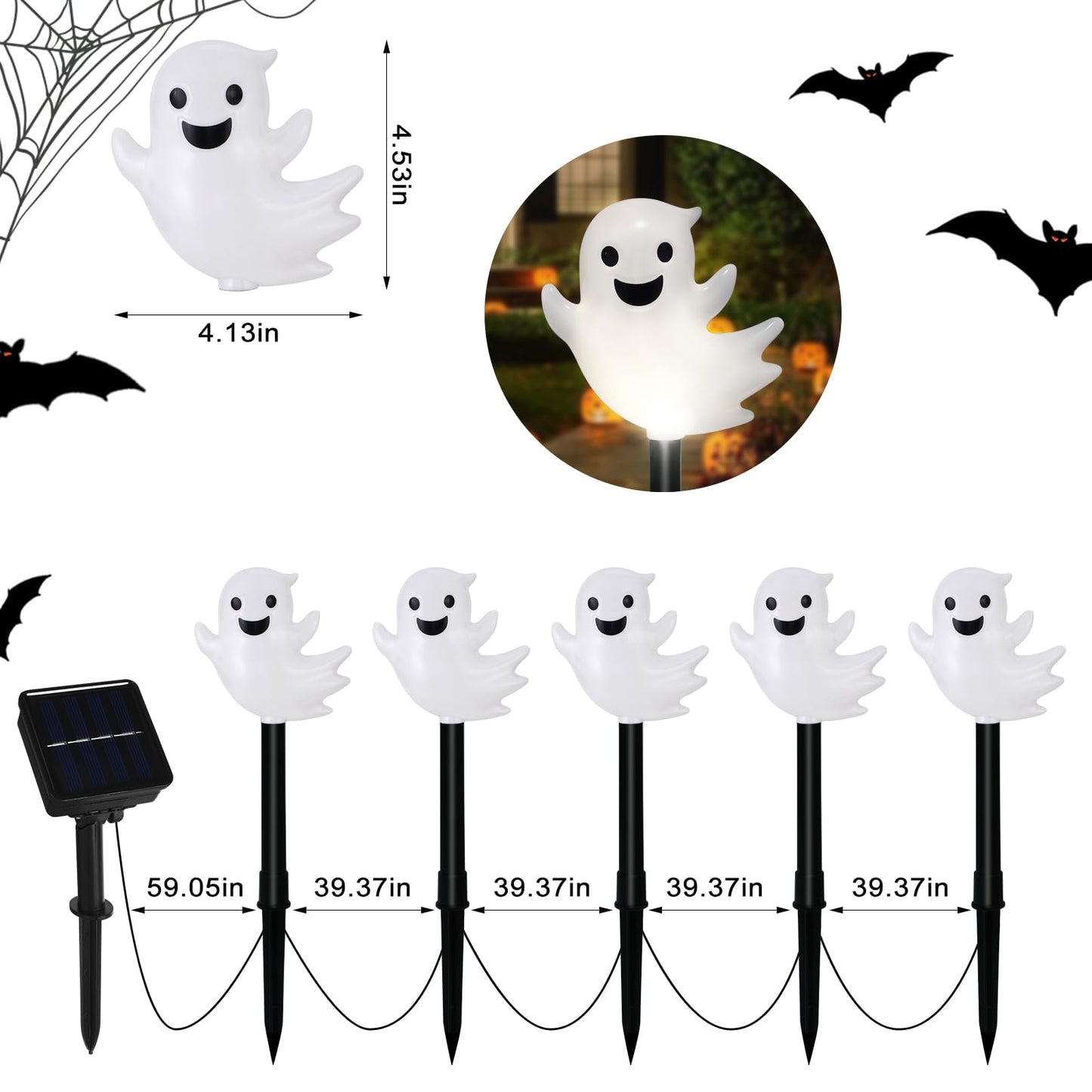 Solar Halloween Ghost Pathway Lights, 10 Pack 3D Lighted Outdoor Stake Decorations, Waterproof LED Yard and Garden Lights for Halloween Pathway, Lawn, Patio, and Holiday Decor (Cool White)