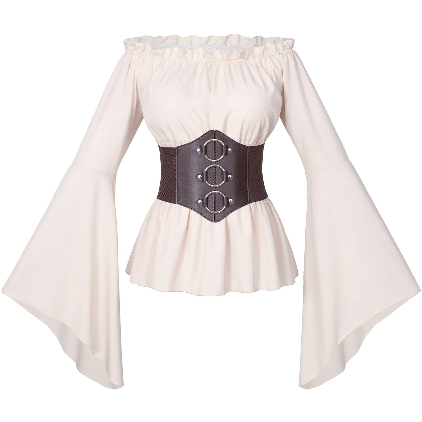 Womens Renaissance Victorian Peasant Ruffle Smocked Waist Boho Pirate Shirt Blouse with Belt Set(Beige L)