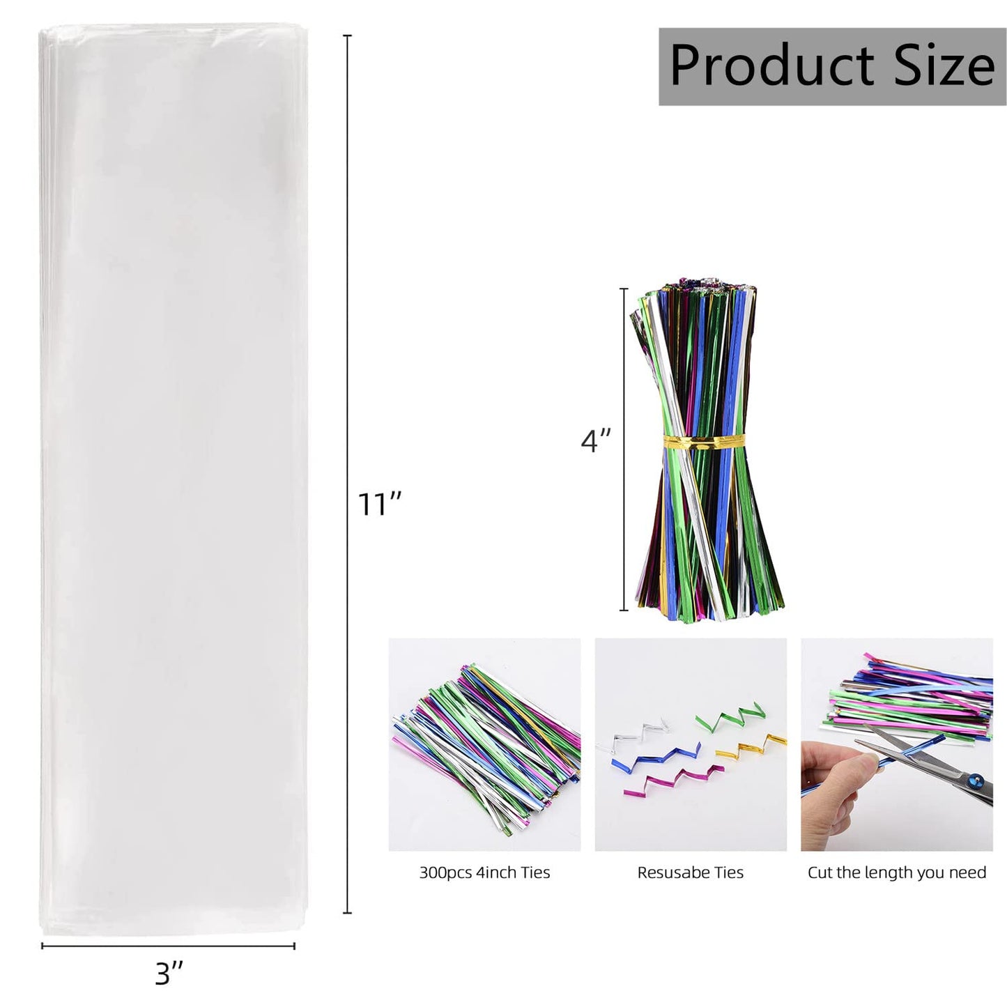 600pcs Cellophane Bags Set - 300pcs Long Clear Treat Bags, 300pcs Colors Twist Ties for Gifts, Party Favors