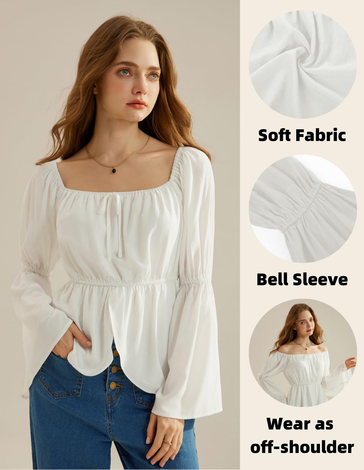 Womens 2025 Renaissance Shirt Casual Long Bell Sleeve Tops Shirt Pirate Boho Blouse White M