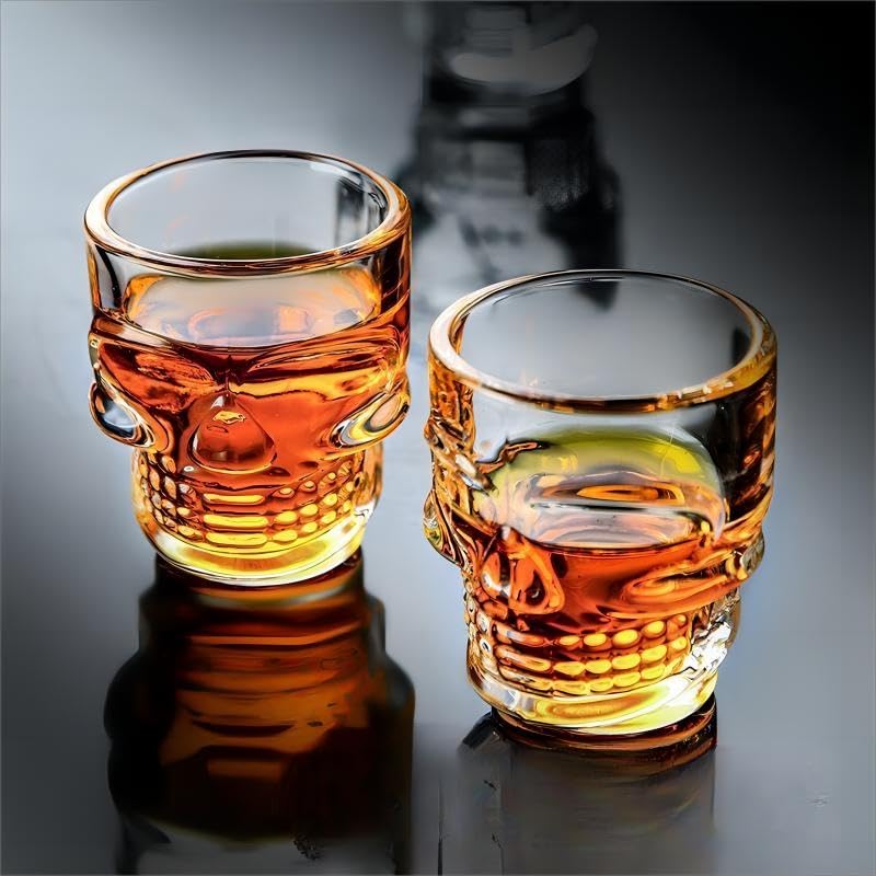 WOQIJENCV 50ml Shot Glasses Set of 6 | Reusable Clear Shot Glass for Vodka Shots, Rum, Brandy, Jello Shots | Heavy Base Shot Glass Set for Home Bar, Pub, Event, Party (Skull shaped)