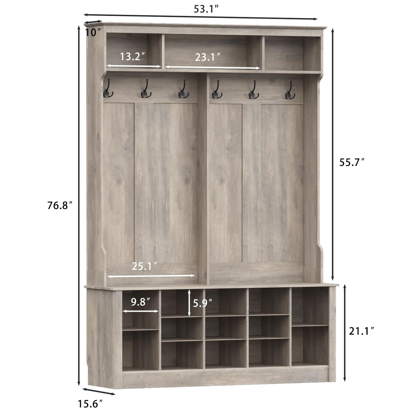 Wodeer Entryway Hall Tree with Bench and Shoe Storage, 53" Farmhouse 4-in-1 Mudroom Storage Organizer with Coat Rack, 6 Double Hooks, 12 Shoe Cubbies, Adjustable Shelf, for Hallway, Bedroom, Grey