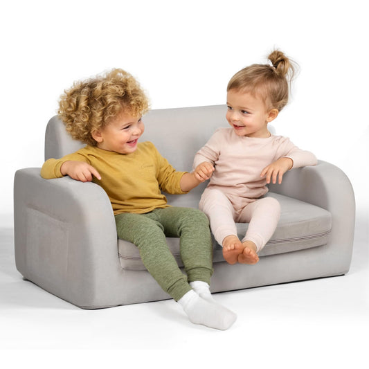3-in-1 Extra Wide Convertible Kids Couch, Flip Open Toddler Couch to Lounger, Comfy Toddler Chair, Machine-Washable Kids Sofa for Girls, Kid Sofa Bed for Fun Playtime or Comfy Lounging, Gray