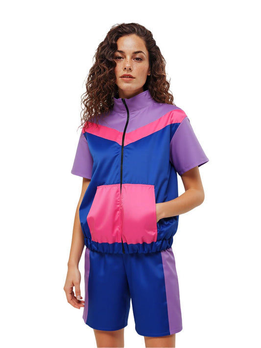 Womens 80s 90s Outfits Halloween Short Sleeve Jacket Shorts Tracksuits Retro Windbreaker Sets (Purple, Small)