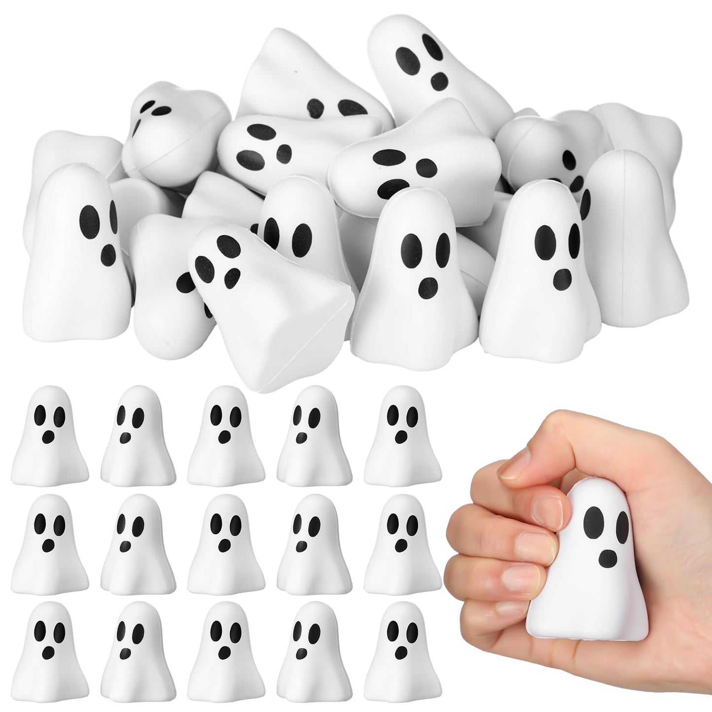 Wettarn 24 Pcs Halloween Ghost Stress Balls Bulks Halloween Stress Relief Balls Party Gifts Toys Soft PU Squeeze Ghost Ball Party Favors for Hand Wrist Finger Exercise