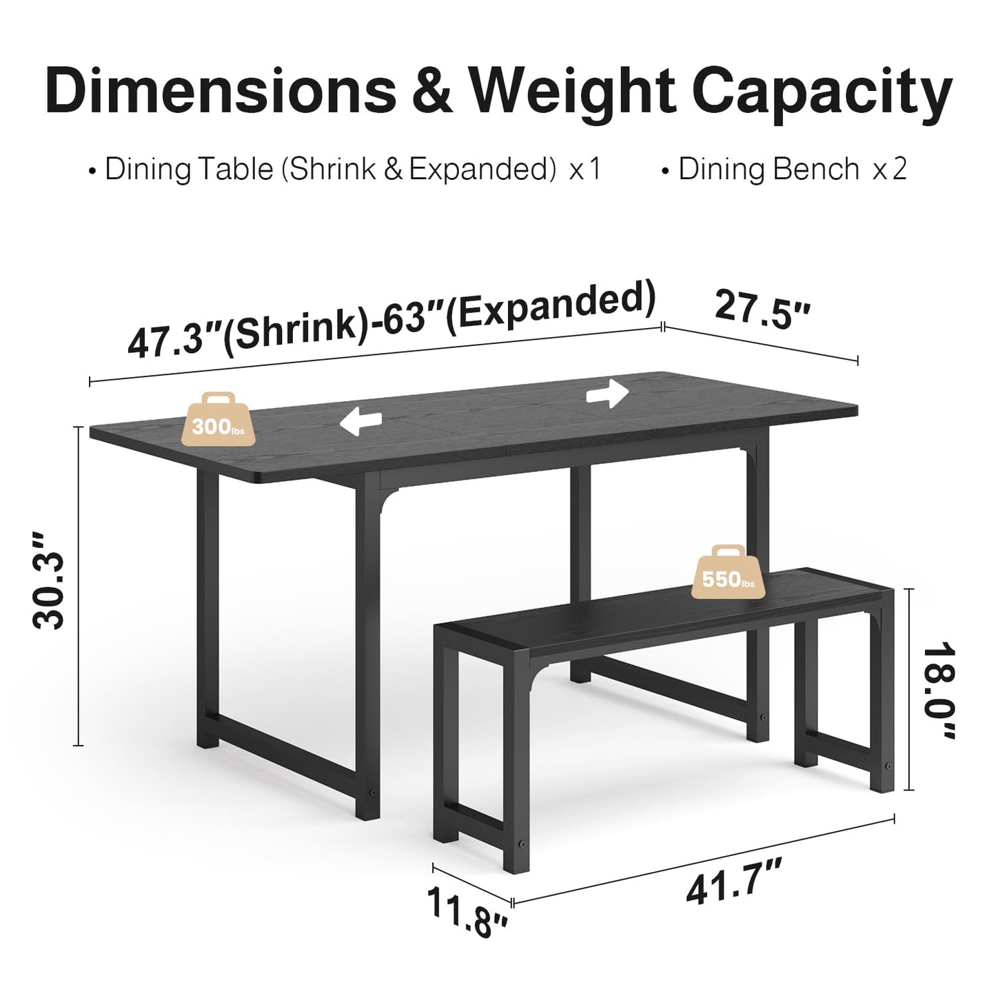 Ahomly Dining Table Set for 4-6 with Bench, 63“ Large Extendable Kitchen Table Set, Dining Room Table with Metal Frame & MDF Board, Perfect for Small Space, Easy Assembly, Black