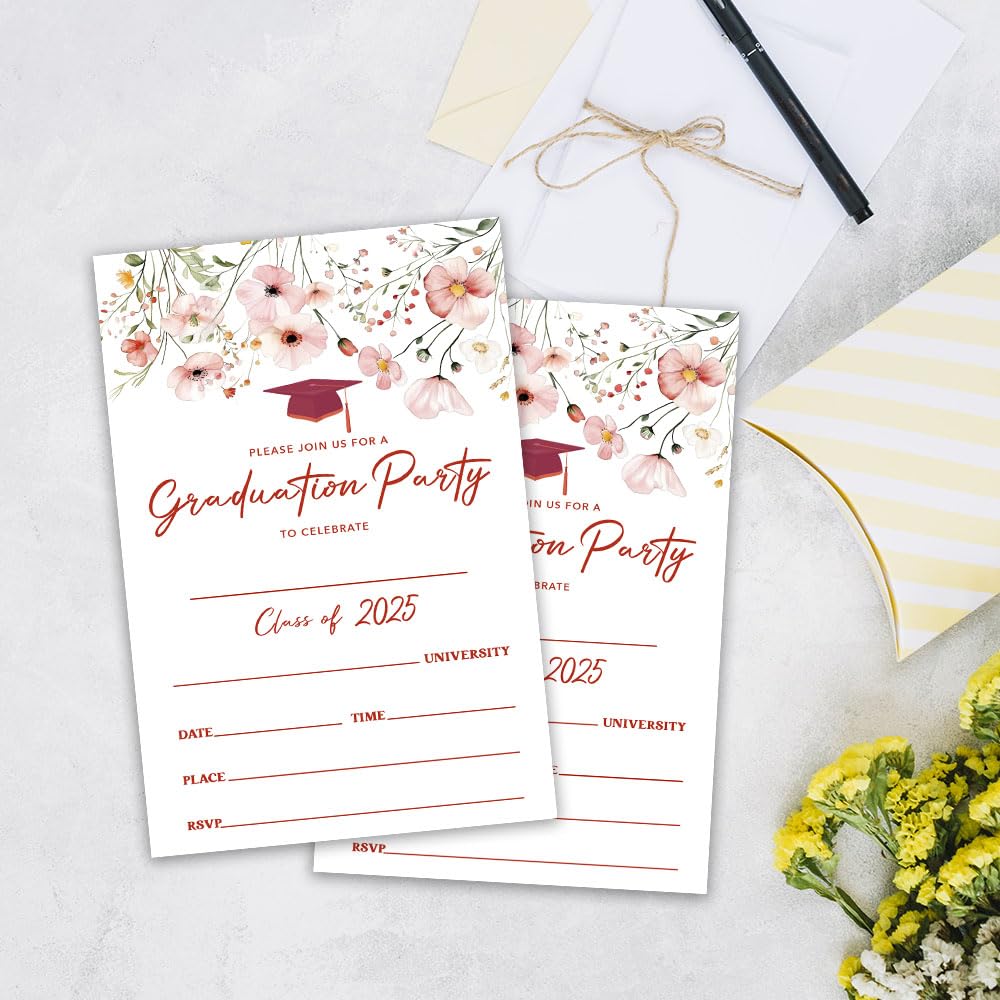 4"x6" Graduation Invitation - 20pcs Invites Card With Envelope - University, Master Graduation Fill-in Style Invitation Card - 2025 Floral Girls Graduation Party Invite Celebration Supplies - A06