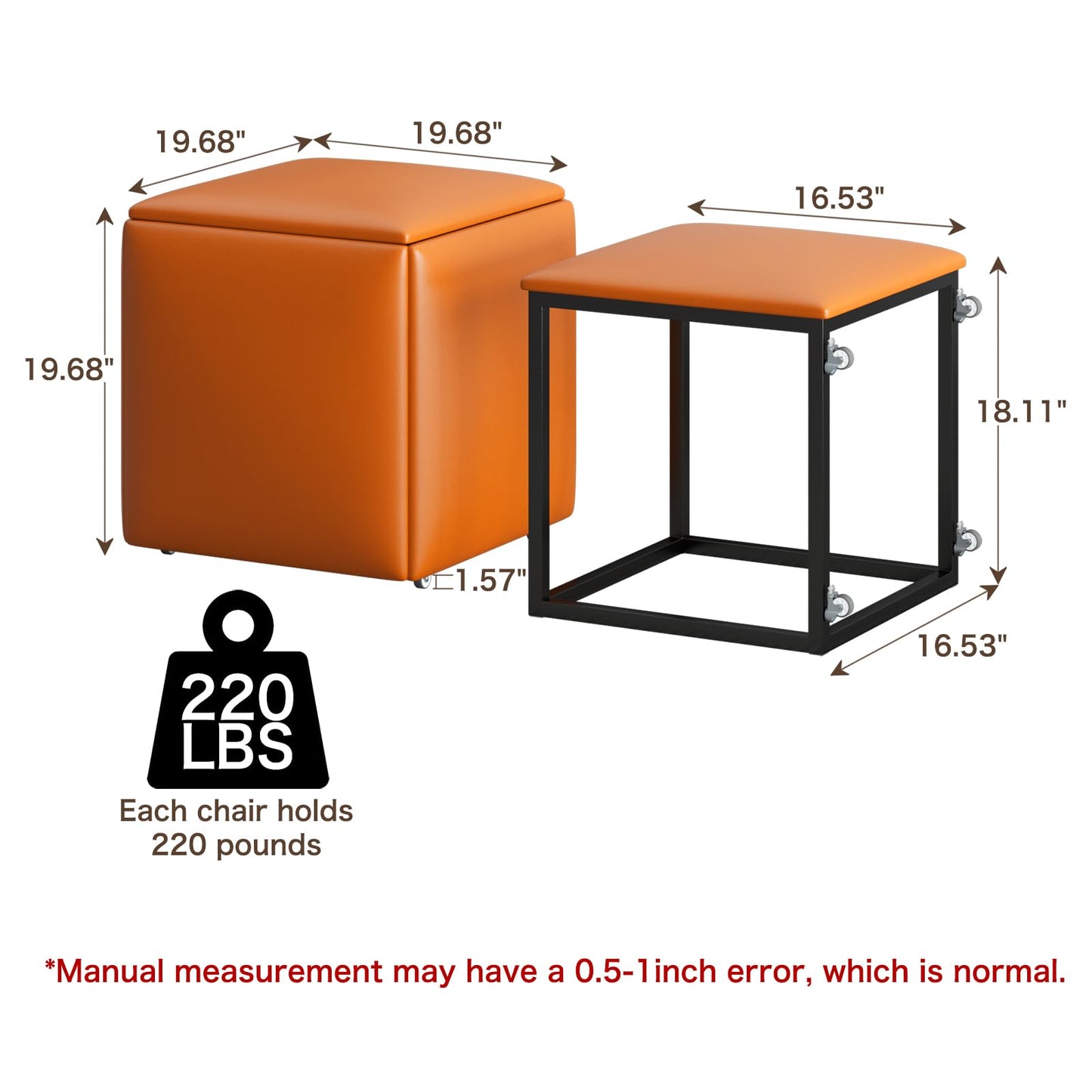 5-Piece Makeup Stool with Wheels, PU Leather Footrest Stool Ottoman Seat Vanity Stool, 5 in 1 Metal Frame Foot Rest Ottoman for Living Room, Bedroom, Orange