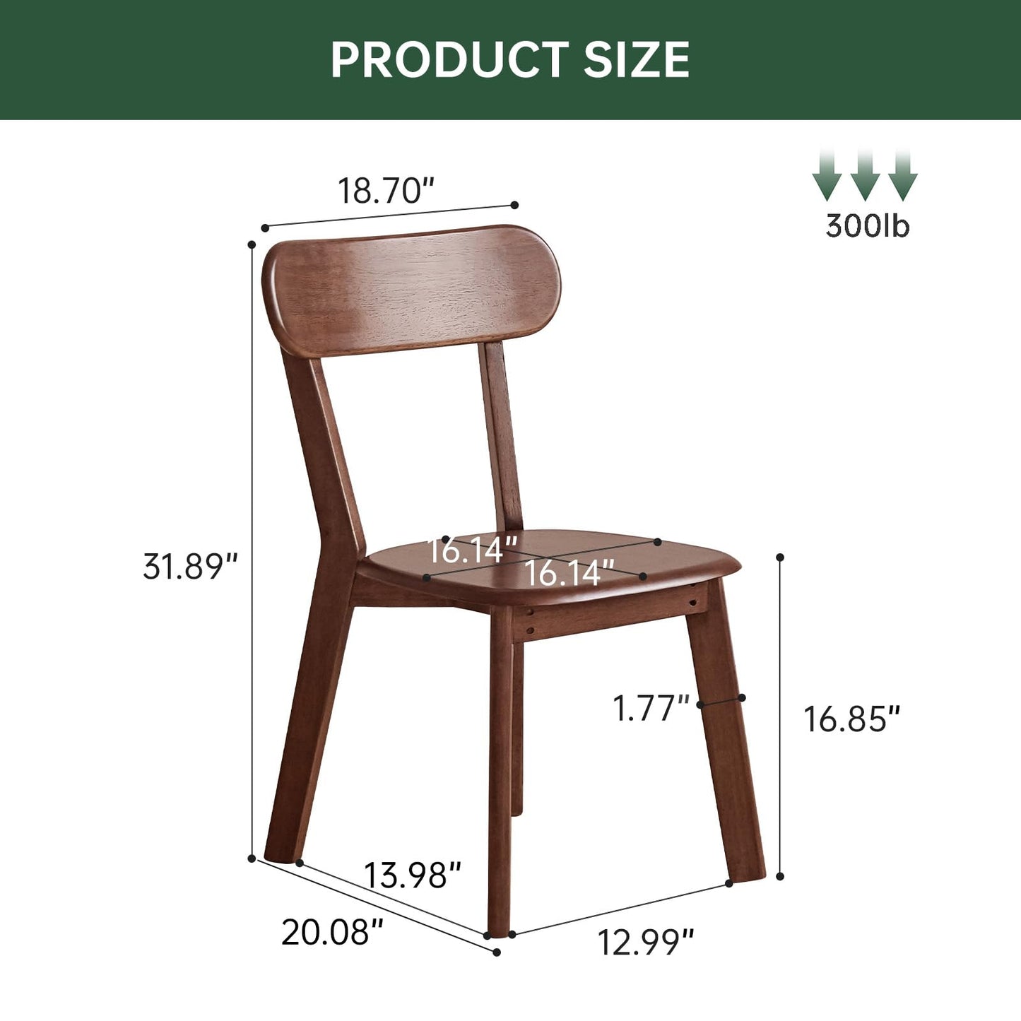 100% Solid Wood Dining Chairs Set of 4, Mid Century Modern Dining Chairs with Curved Backrest, Wooden Desk Chair with Solid Rubber Wood Frame for Kitchen, Dining Room, Study, Living Room, Walnut (4PK)