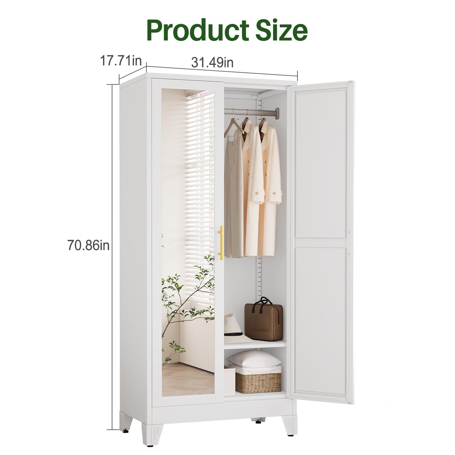 winiowa Metal Armoire Wardrobe Closet with 2 Mirror Doors, 71"' Wardrobe Cabinet with Adjustable Shelves and Hanging Rod, Clothing Storage Cabinet Closet with Mirror for Bedroom-White