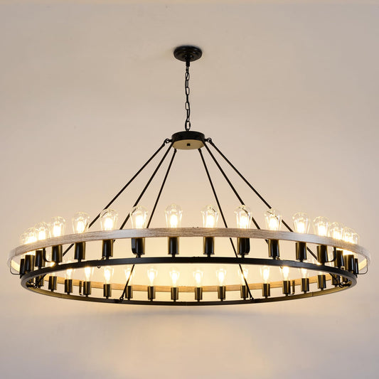 Wagon Wheel Chandelier 60-Inch 36-Light, Black and Oak Wood Tone Finish Round Rustic Farmhouse Chandelier Extra Large for High Ceilings, Living Room Foyer