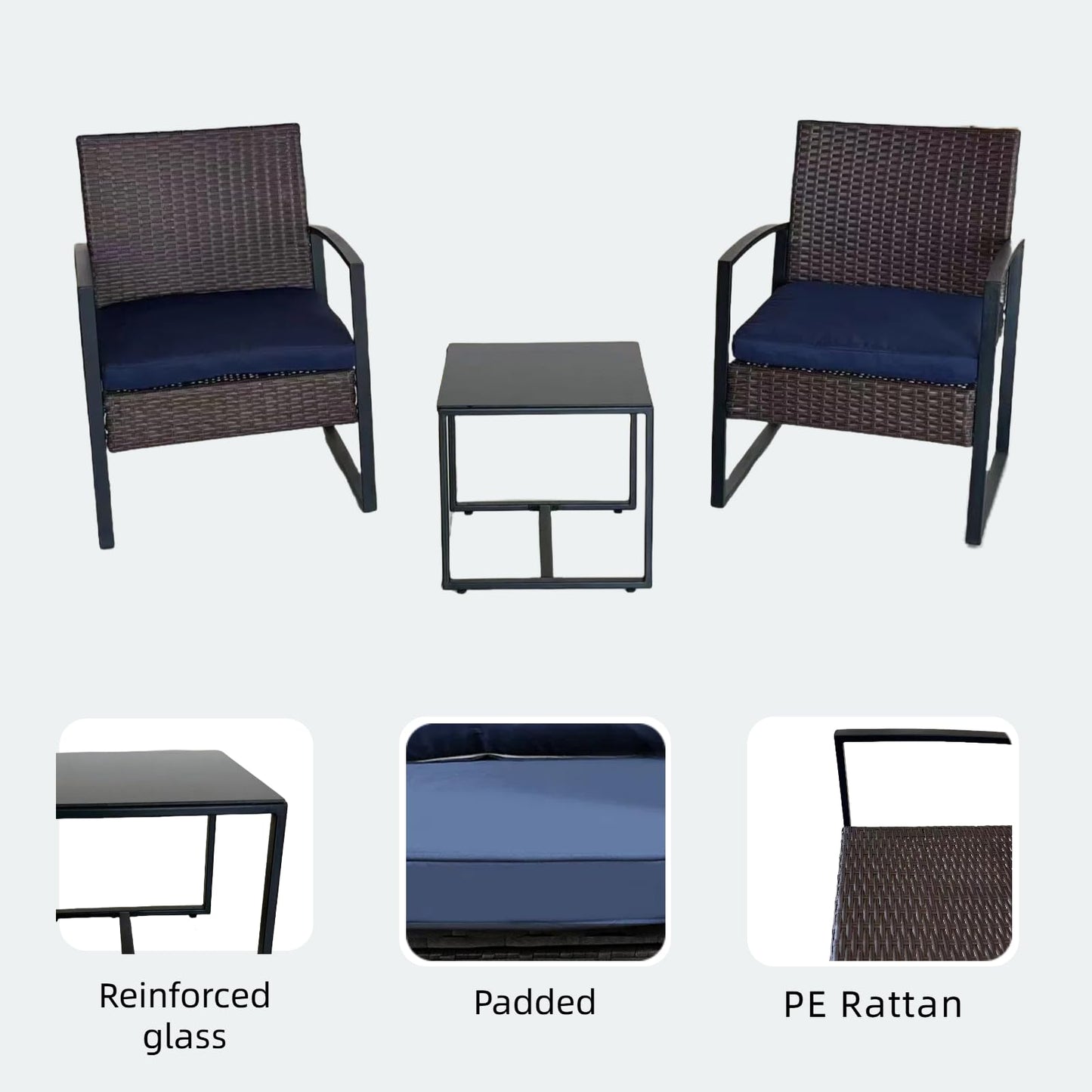 3 Piece Patio Chairs Set Outdoor Patio Furniture Set with Coffee Table, Bistro Set with Cushions for Balcony Apartment Deck