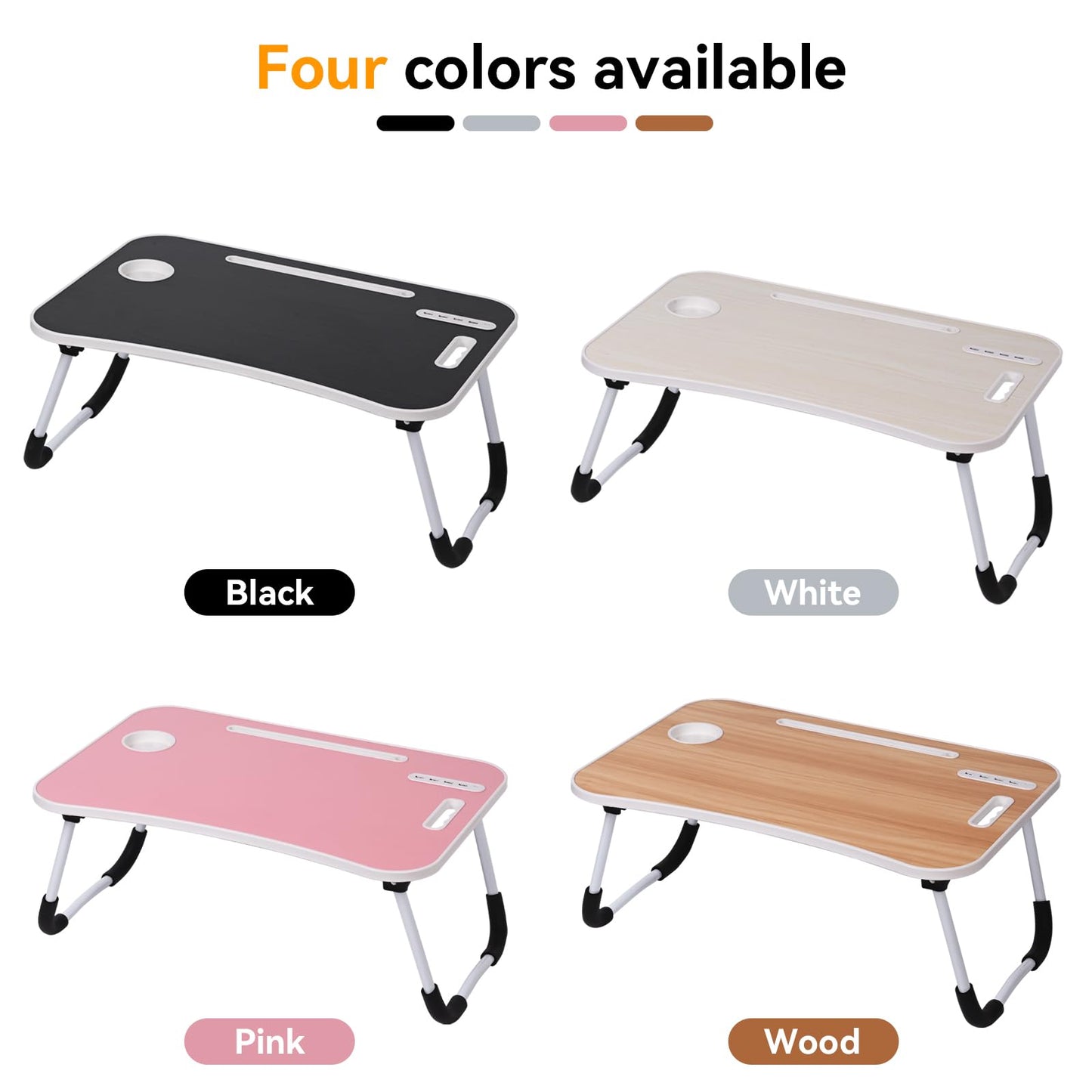 23.6 inch Portable Bed Desk, Folding Lap Desk with 4 USB Ports, Wind Fan, LED Light, Cup Holder and Side Drawer for Working, Reading, Writing, Eating on Bed, Sofa, Floor (Pink)