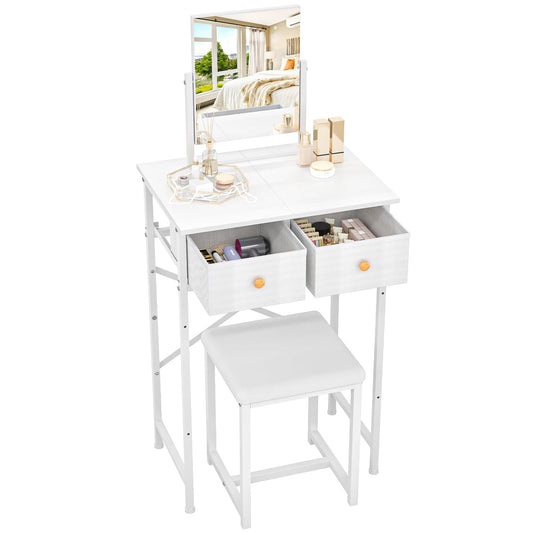 X-cosrack Small Makeup Vanity Desk with Mirror & Chair, Mini Vanity Desk Table Set with Fabric Storage Drawer, 19.7" Compact Vanity Desk for Girls, Dressing Table with Chair for Bedroom, White