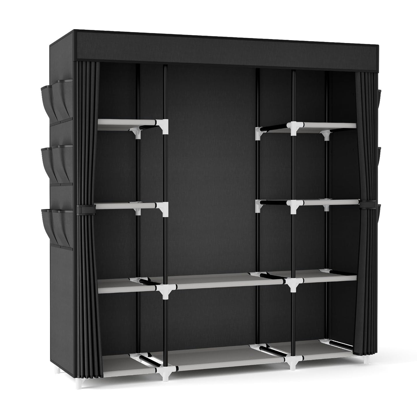 VTRIN Portable Closet Wardrobe for Hanging Clothes 57.3 Inch Large Capacity Clothes Rack with Cover, 10 Storage Organizer Shelves, 1 Hanging Rods and 6 Pockets, Free Standing Closet for Bedroom, Black