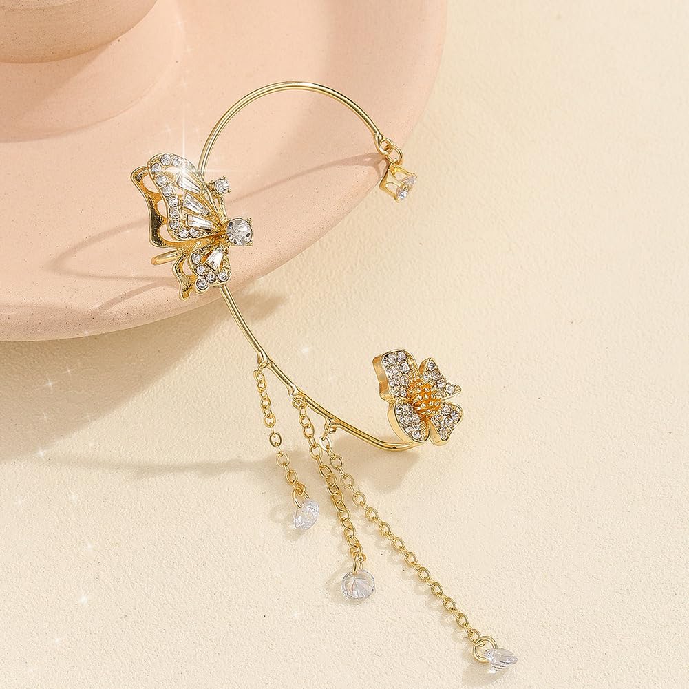 2PCS Butterfly Ear Cuffs Earrings Zircon Earrings Butterfly Ear Wrap No Piercing Eae Cuff Clip On Earrings For Women Jewelry (BB1600-GD)