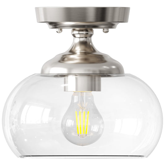 VONLUCE Industrial Semi Flush Mount Ceiling Light, 8.3" Ceiling Light Fixture with Clear Glass Shade, Farmhouse Lighting for Hallway Kitchen Bedroom Entryway, Brushed Nickel Flush Mount Light Fixture