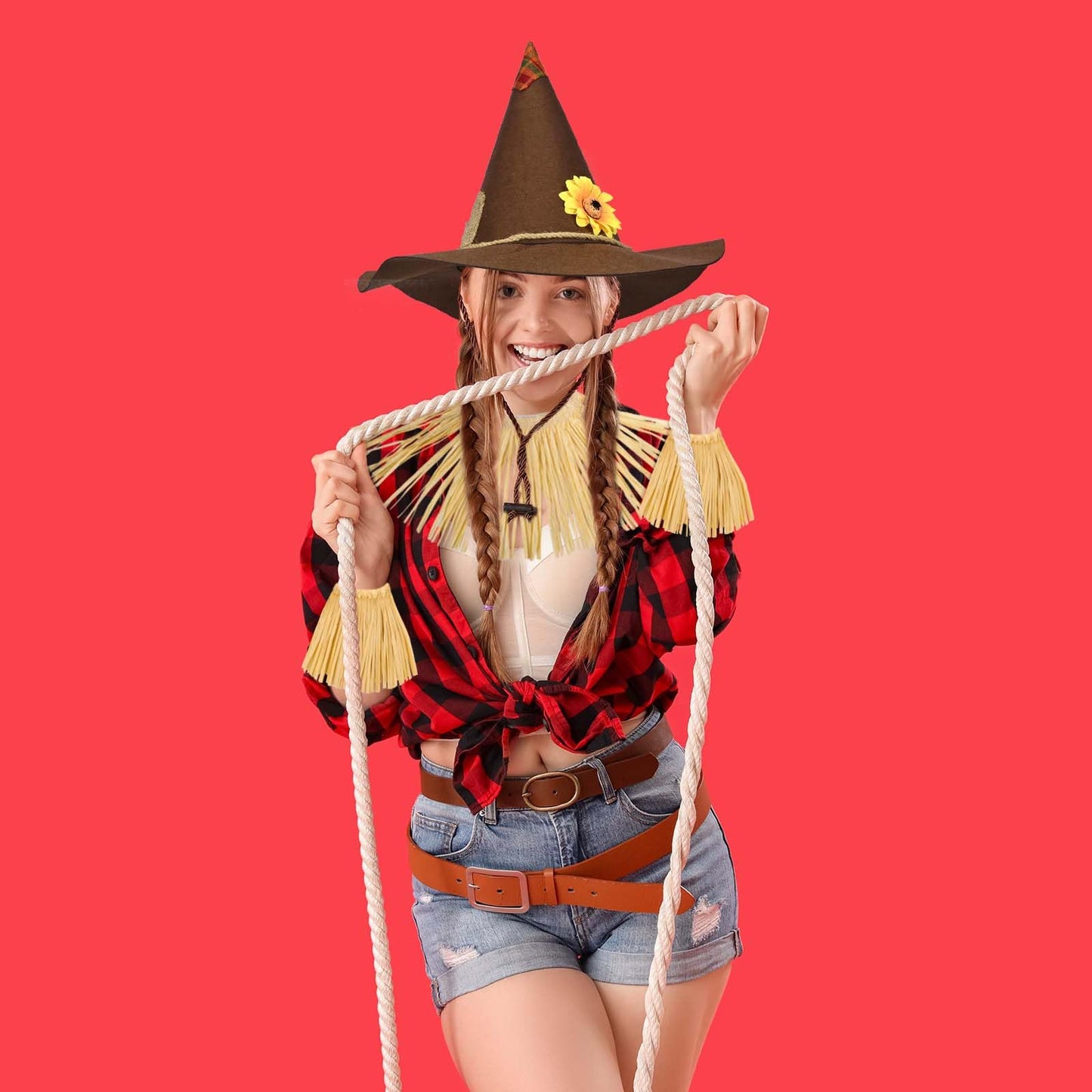 7 Pcs Scarecrow Costume Set Halloween Costume Scarecrow Belt Hat Rope Straw Kit for Oktoberfest Halloween Dress Up (Style 1)