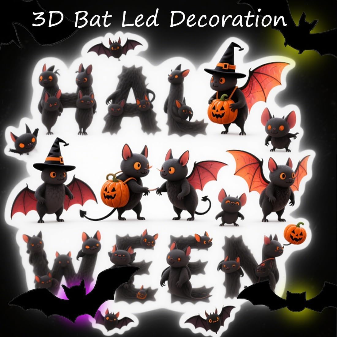 3D Bat Design Led Decoration, Halloween Bats Wall Decor, Hanging Bats Halloween Decor, Light-Up Wall/Window Clings–Flashing 3D Lighted Bat Sticky for Halloweens Indoor & Outdoor (24PCS-LED)