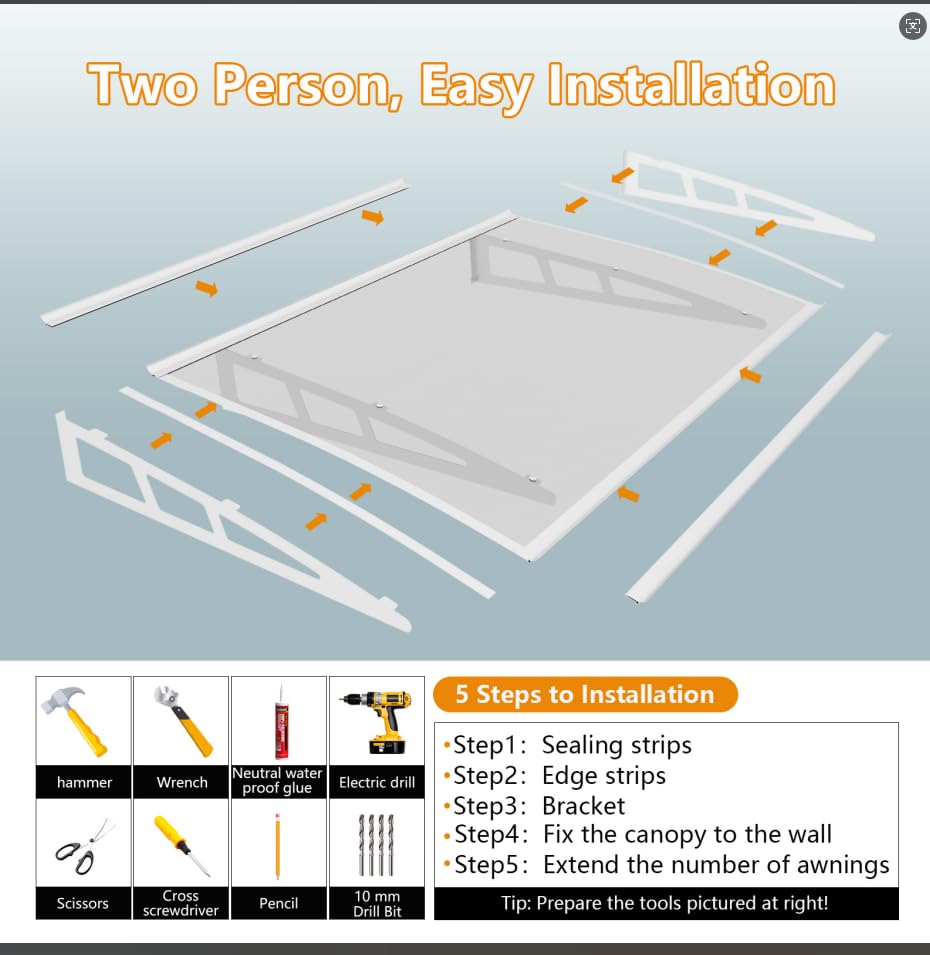 Window Awning Door Canopy,32x48 Inches Awnings for Doors Exterior with Sink,Polycarbonate Front Door Outdoor Patio Awning Canopy UV Rain Snow Sunlight, Window Awning with Sturdy Metal Bracket