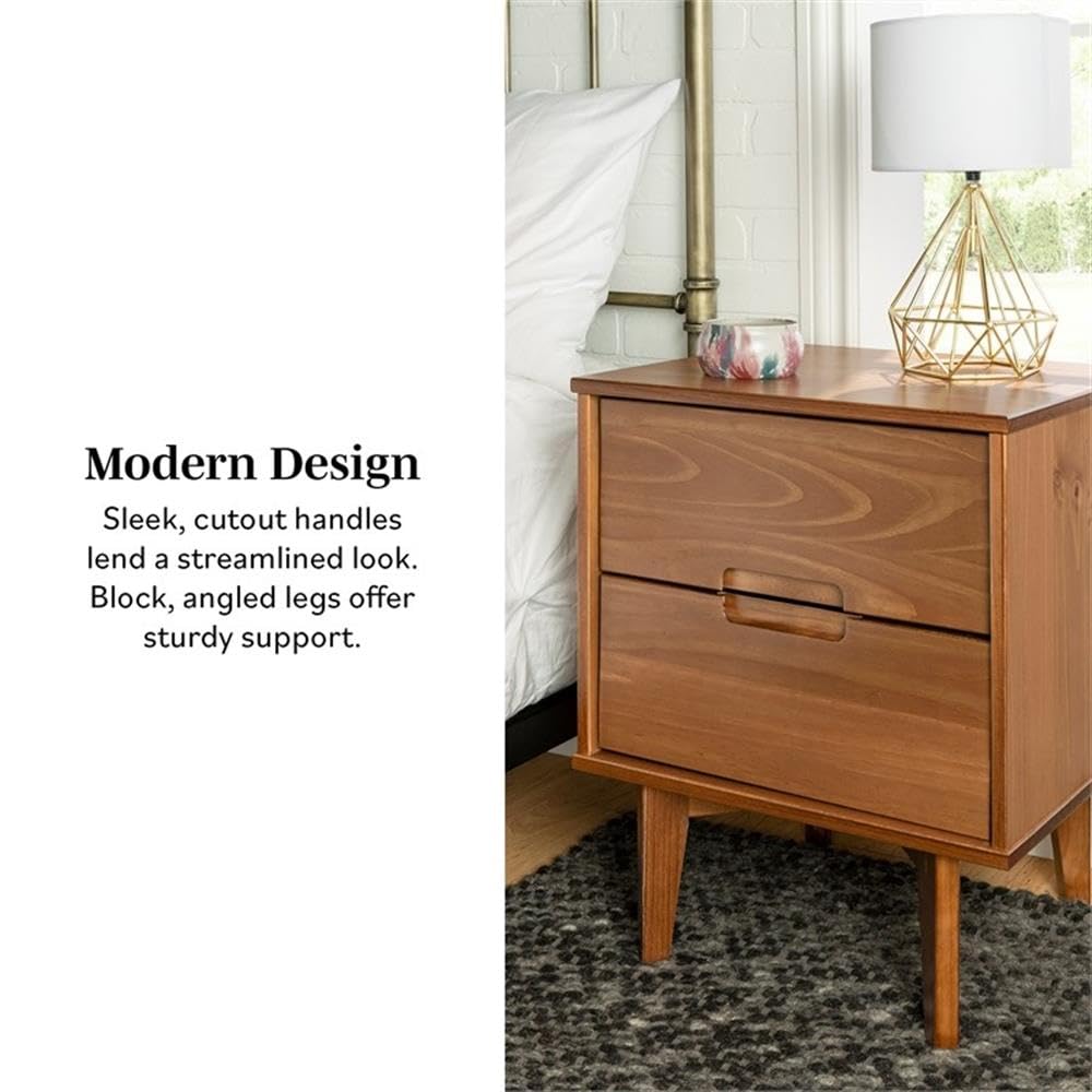 Walker Edison Mid Century Modern Grooved Handle Wood Nightstand Side Table Bedroom Storage Drawer and Shelf Bedside End Table, 2 Drawer, Caramel