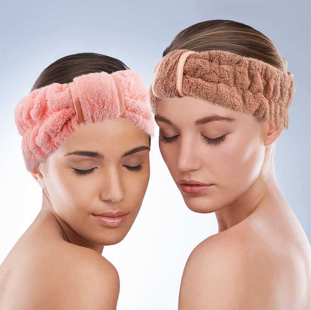 4 Pack Microfiber Towel Headbands for Washing Face, Spa & Skincare - Women & Girls (Coffee, Flesh Pink, Grey, Bright Red)
