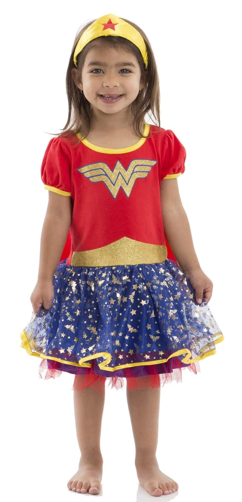 Wonder Woman Toddler Girls' Costume Dress with Gold Tiara Headband and Cape, Red (5T)